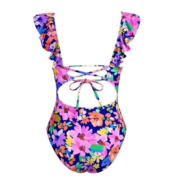 Cupshe Women’s One-Piece Swimsuit Small Multicolor Floral V-Neck Ruffle Tie Back - Picture 4 of 7
